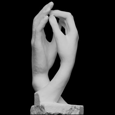 3D-printed sculpture of two right hands entwining