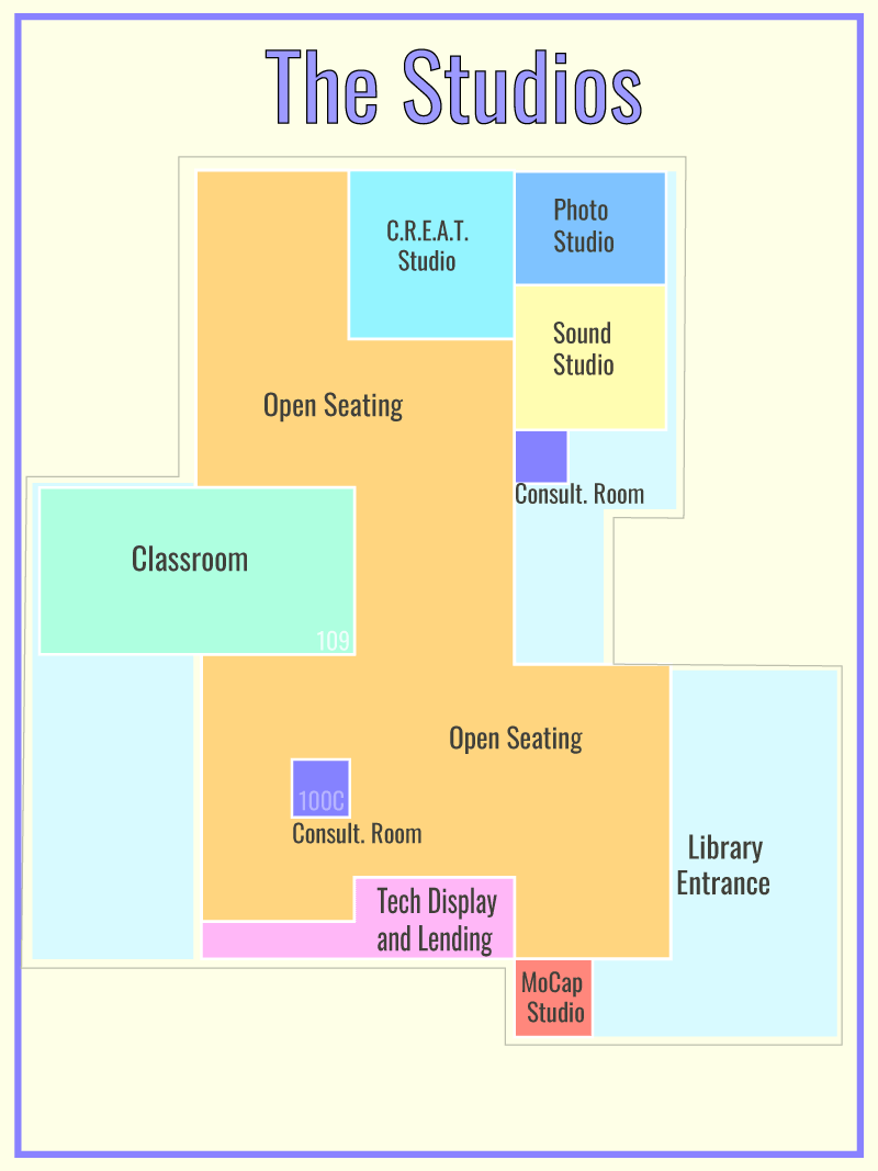 Floor plan showing C.R.E.A.T. studio, photo studio, sound studio classroom, open seating, and tech lending