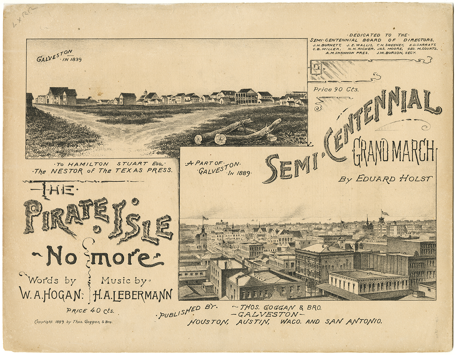 Sheet music cover for "The Pirate Isle No More" and the "Semi-Centennial Grand March"