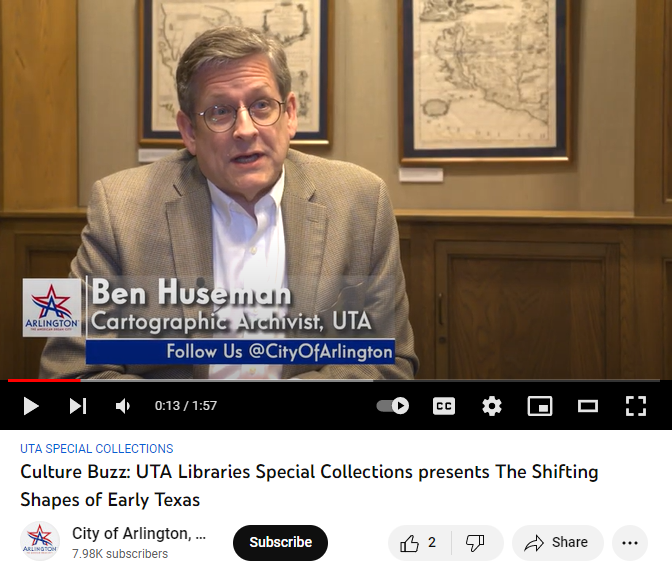 Screenshot of a Youtube video from City of Arlington's Culture Buzz series. Featured UTA Special Collections Cartographic Archivist Ben Huseman, who was interviewed for the segment.