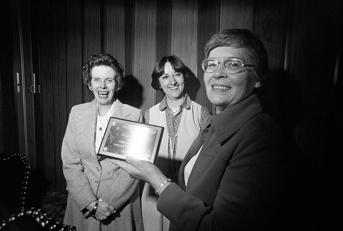 Star-Telegram editorial cartoonist Etta Hulme, right, received the first Media Award of the Tarrant County branch of the American Association of University Women (AAUW) for her work on behalf of the Equal Rights Amendment. Hulme is pictured with AAUW members Ellen Roddy, center, and Marian Johnson, left