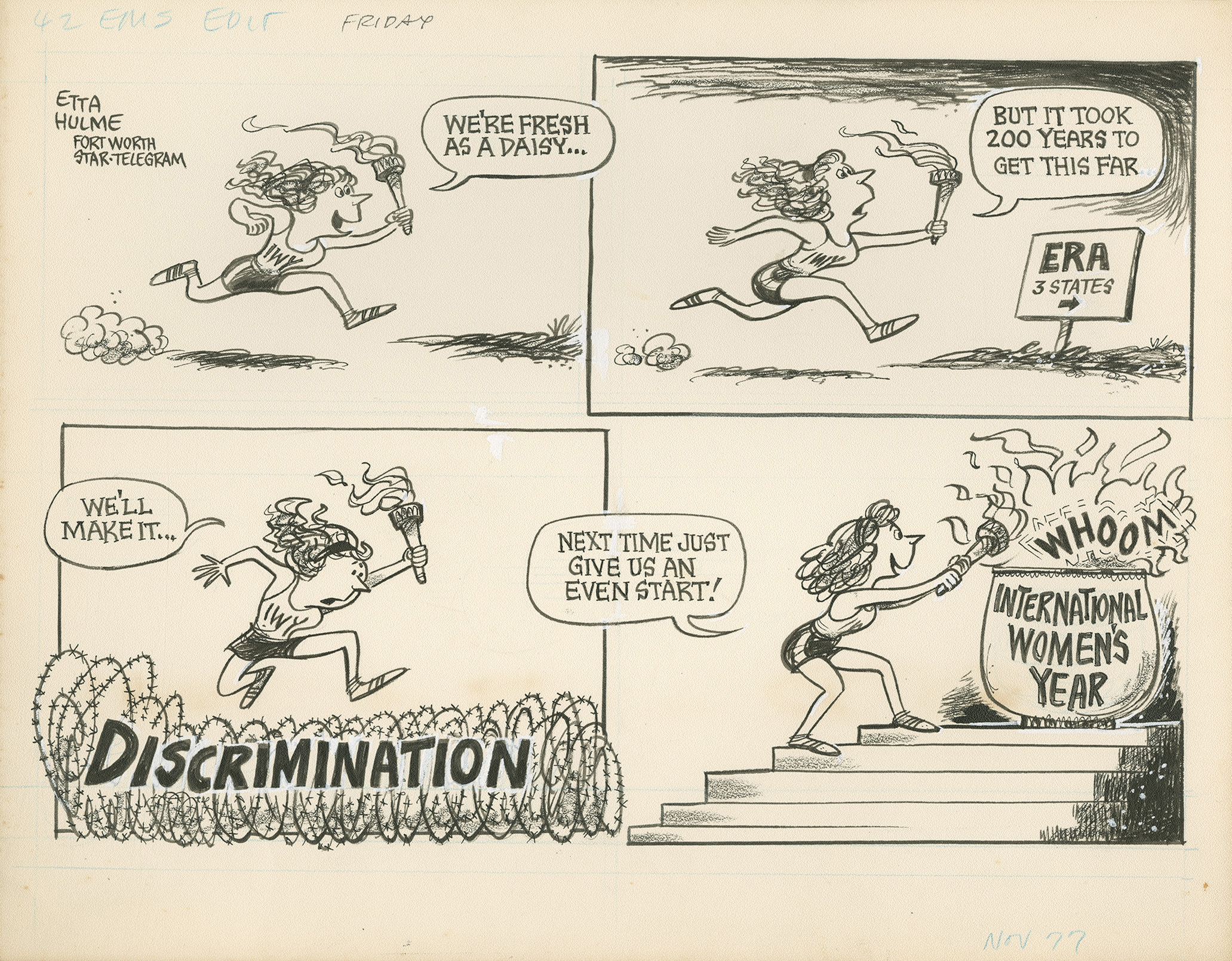Editorial cartoon by Etta Hulme (1977) depicting a woman carrying an Olympic torch to light a bowl that reads “International Women’s Year” while leaping over a barbed wire fence labeled “Discrimination”