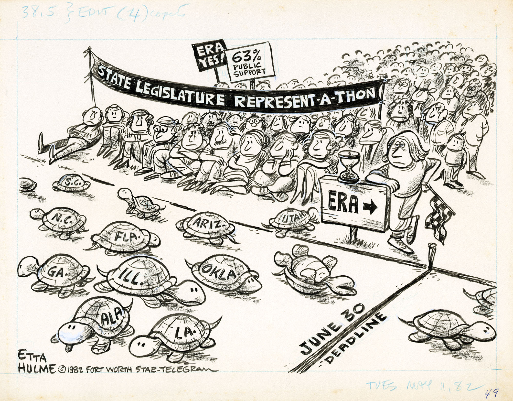 Editorial cartoon by Etta Hulme (1982) depicting a race for the Equal Rights Amendment (ERA) involving turtles that represent states that did not vote to ratify the ERA, which are seen approaching a finish line which reads “June 30 Deadline”
