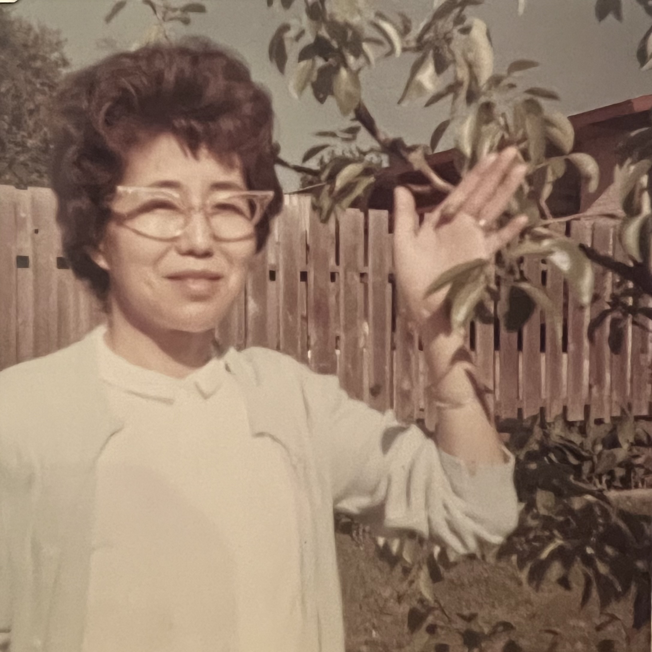 Japanese American woman standing in a yard, her hand touching a tree branch. She is wearing cat eye glasses, a white collared blouse, and cardigan. 
