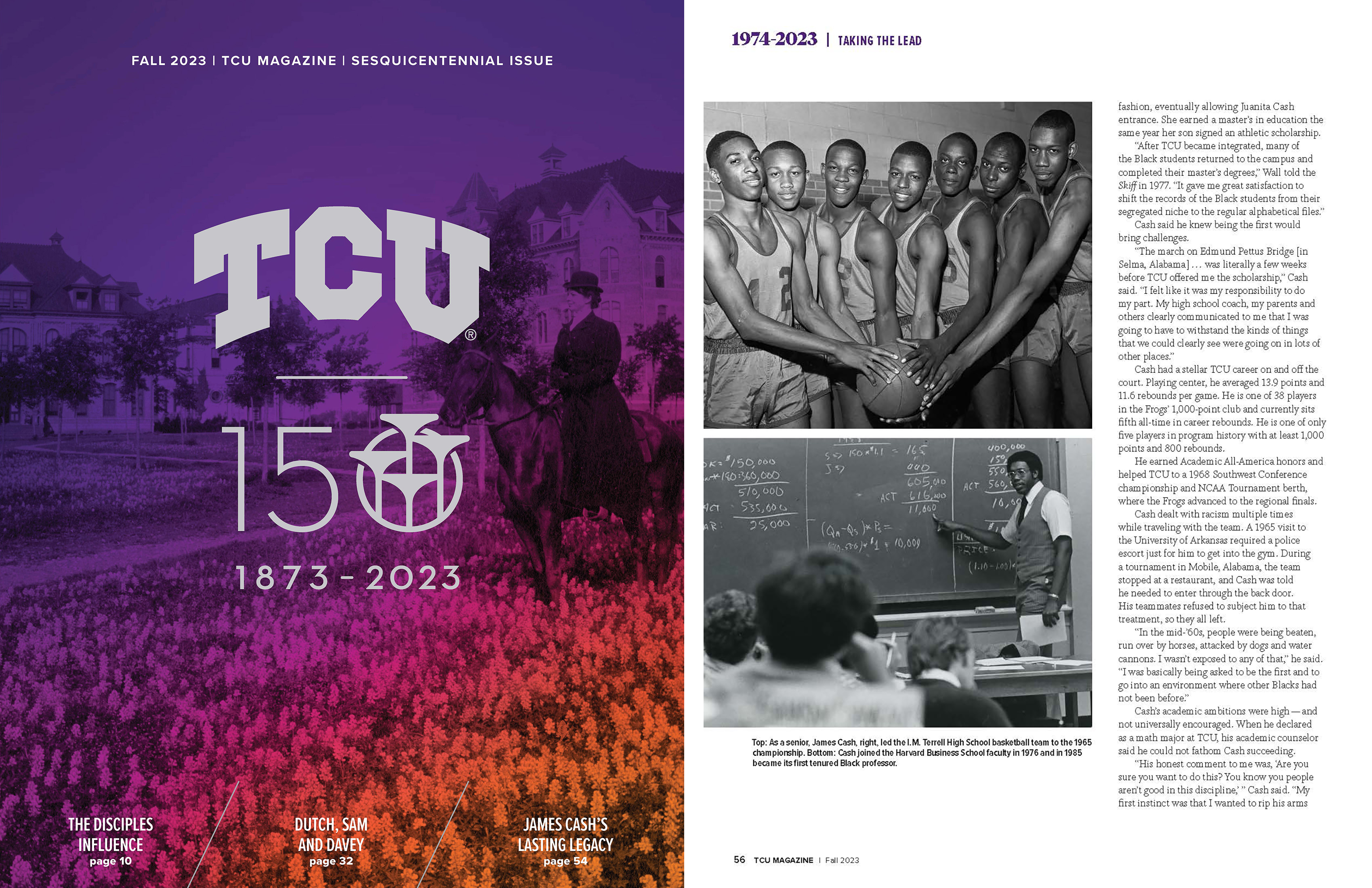 Cover image of TCU Magazine Fall 2023 issue at left, and an article about James Cash at right with photos and text.
