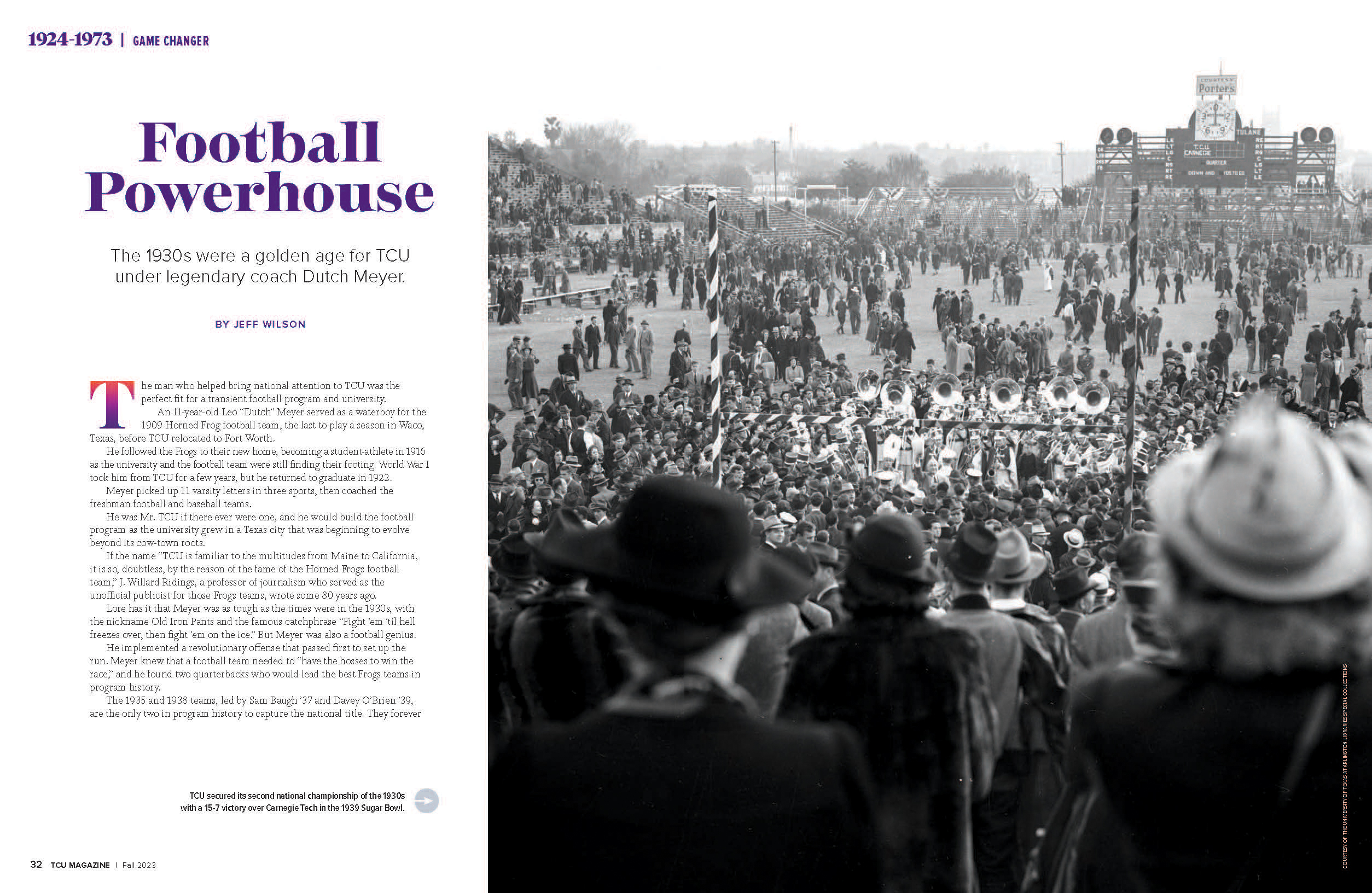 TCU Magazine Fall 2023 issue featuring an article titled "Football Powerhouse" on the history of TCU Football. There is text on the left side and a large black and white photo on the right.