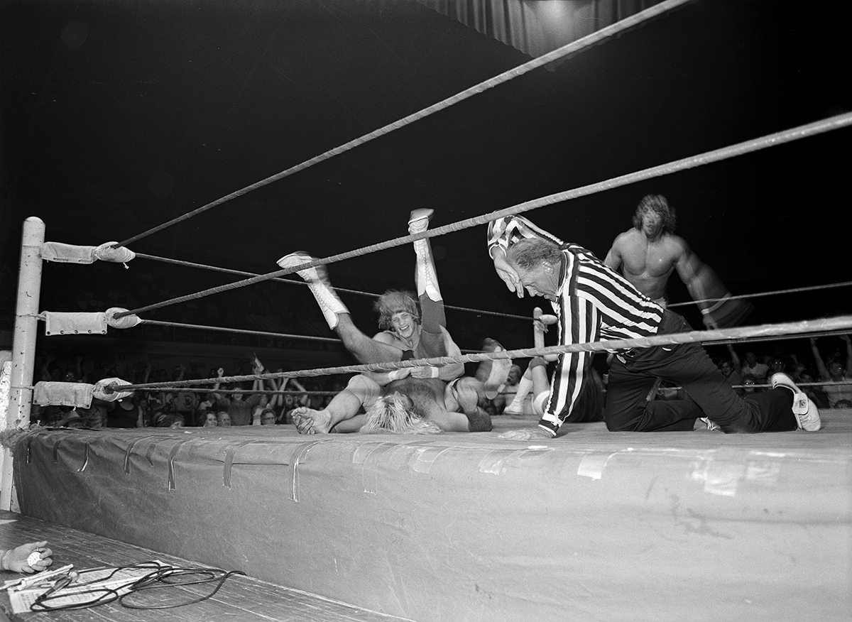 Wrestling at Will Rogers Coliseum, Fort Worth, Texas ca. 1981-82; Kevin Von Erich in the ring with Kerry Von Erich in the background.