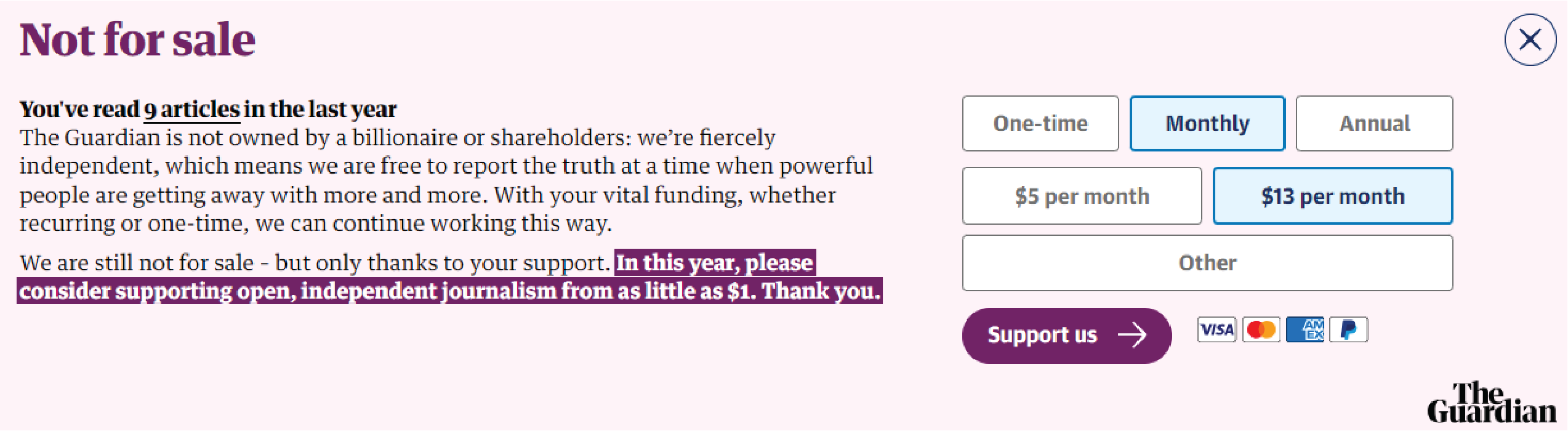 Screenshot of the “support us” pop-up on The Guardian website (captured March 2024). 