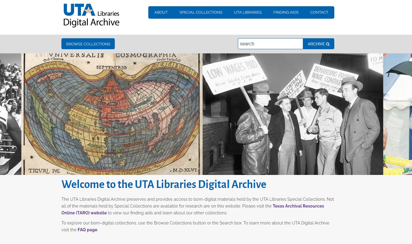 Screenshot of UTA Libraries Digital Archive homepage. Homepage features a search bar, historic photographs, and introduction paragraph about the digital archive.