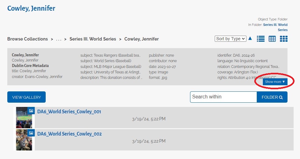 Screenshot of a donor folder on the Digital Archive from the World Series Collection.