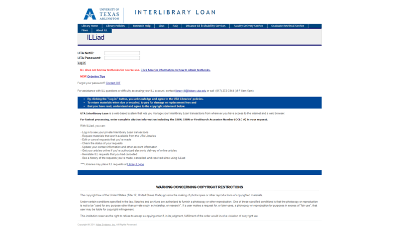 Interlibrary Loan login page