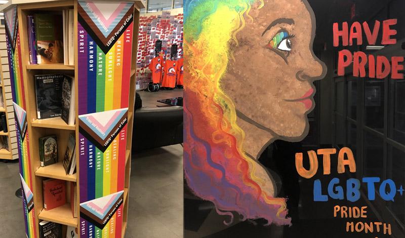 UTA Pride Month book display and artwork