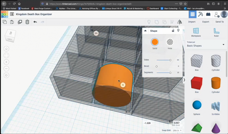 Screenshot of CAD drawing using program TinkerCAD, featuring a cylider in a 9 square 3D grid