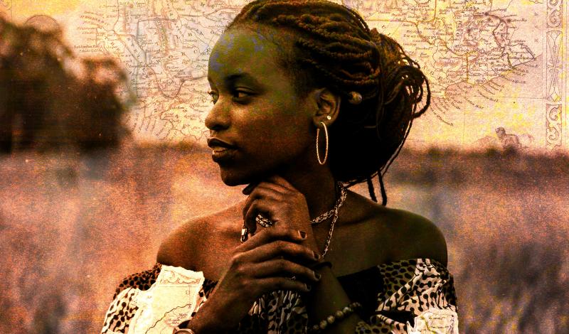 An original digital art piece by Jeremiah Alcorn titled "Looking Forward" with an African woman standing in a field centered in the foreground, with a historical African map superimposed as the background