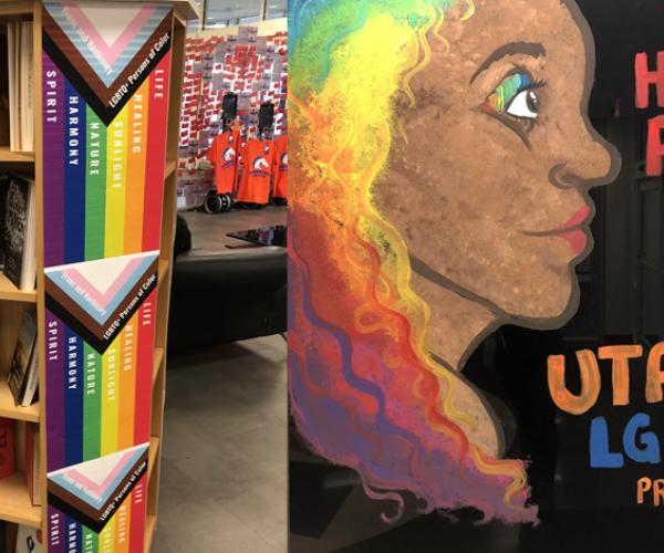 UTA Pride Month book display and artwork
