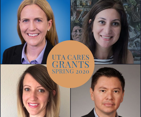 four headshots with the phrase UTA CARES Grants Spring 2020 in a circle in the center