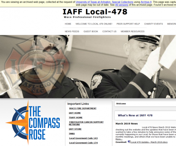 Screenshot of the International Association of Fire Fighters (IAFF) Local 478 (Waco) website as captured in the Texas Labor Archives web archive, with The Compass Rose logo in the bottom left.