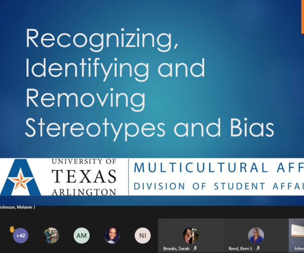 recognizing, identifying and removing stereotypes and bias on a blue background with multicultural affairs logo