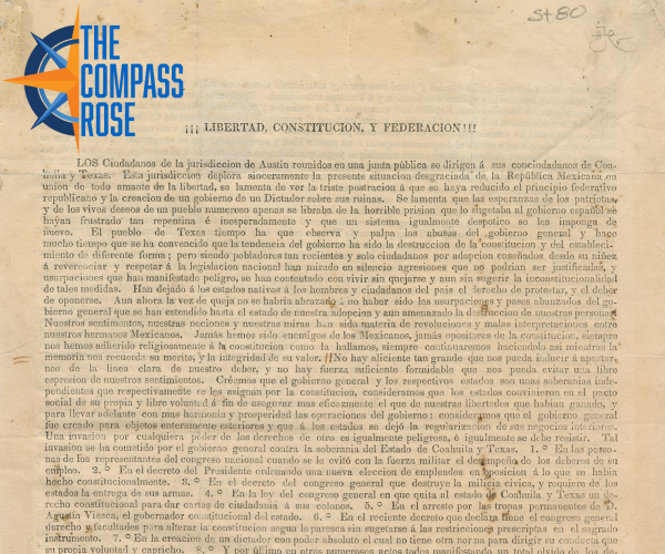 The Compass Rose logo superimposed over an 1835 Spanish-language typed broadside.
