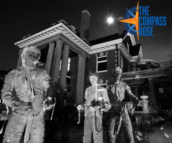 Three ghost like figures in chains standing in front of a mansion. 