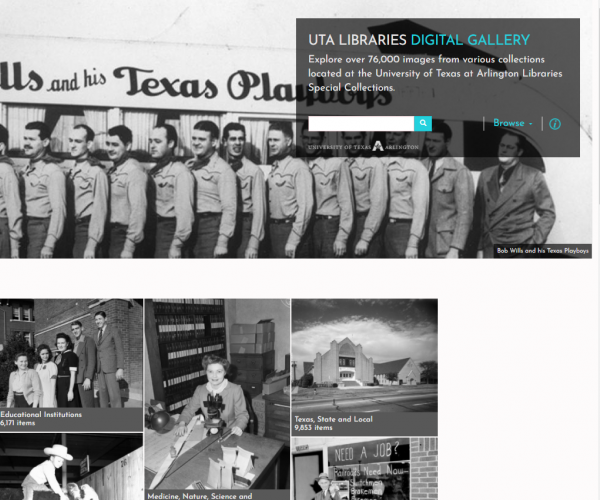 screenshot of the digital gallery homepage, featuring several images and a search field