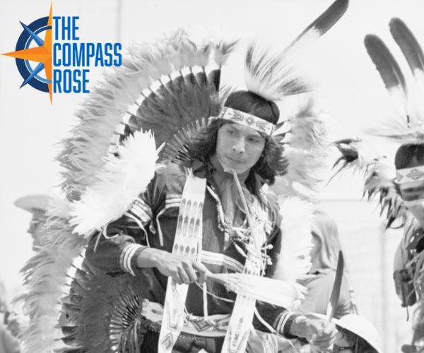 Cropped image of Pow Wow dancer with Compass Rose logo