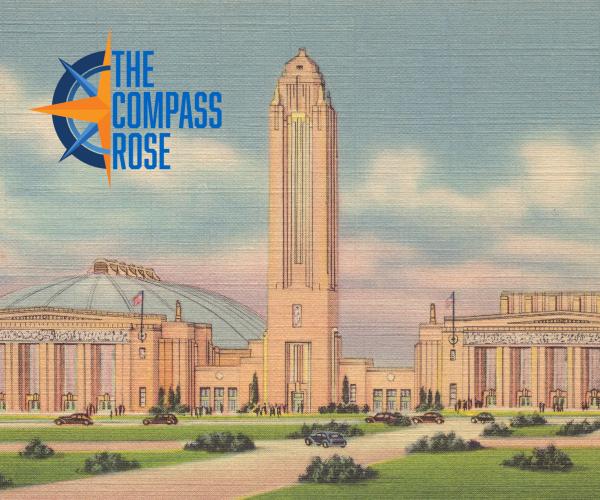 Detail from a postcard of the Will Rogers Memorial Center in Fort Worth with the Compass Rose logo overlaid in the top left corner.