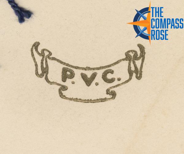 drawing of gold banner with P.V.C. (Prairie View College), small blue string at top left, Compass Rose logo top right