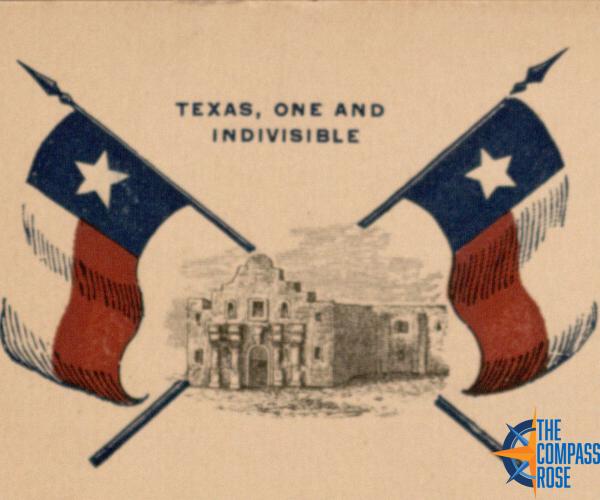 Drawing of Alamo with two Texas flags behind it. "Texas, one and indivisible" is written above the image.
