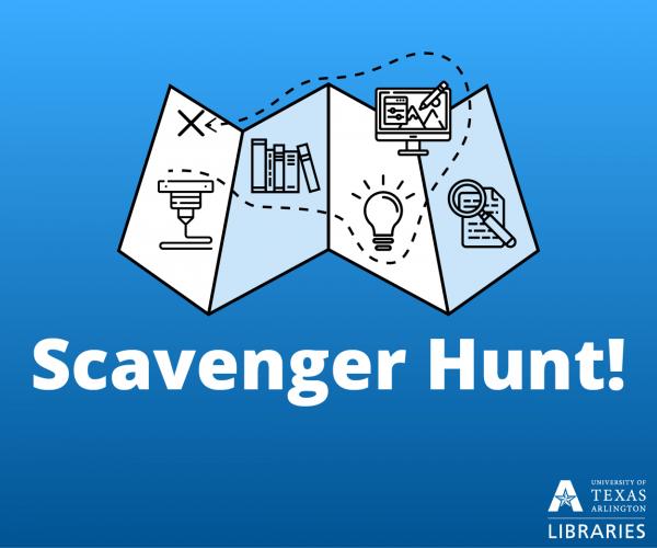 an illustration of a map with multiple steps and an "X" marking the spot; text reading "Scavenger Hunt!" and the U T A libraries logo, all in white on a blue gradient background