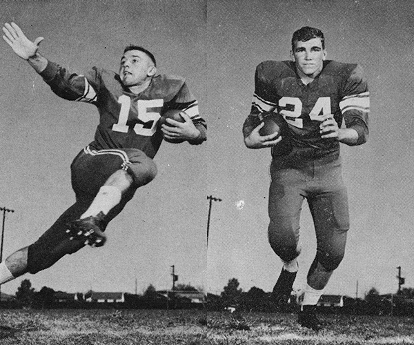 vintage photos of two young men in football uniforms; the one on the right is pretending to run with the football tucked into his left arm, while the other is running toward the camera with the football in his right hand