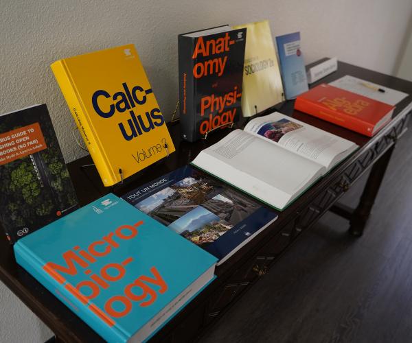 an array of open educational textbooks arranged with some standing up and some laying down on a table. one is open to show the book's contents.