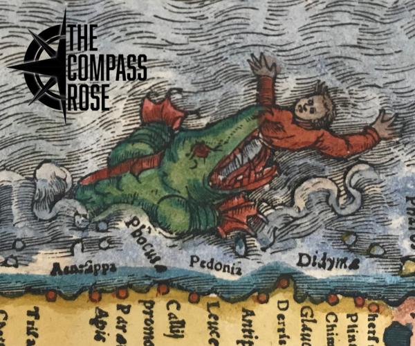 A man in the ocean in the jaws of a sea monster with the Compass Rose logo in black in the upper left corner