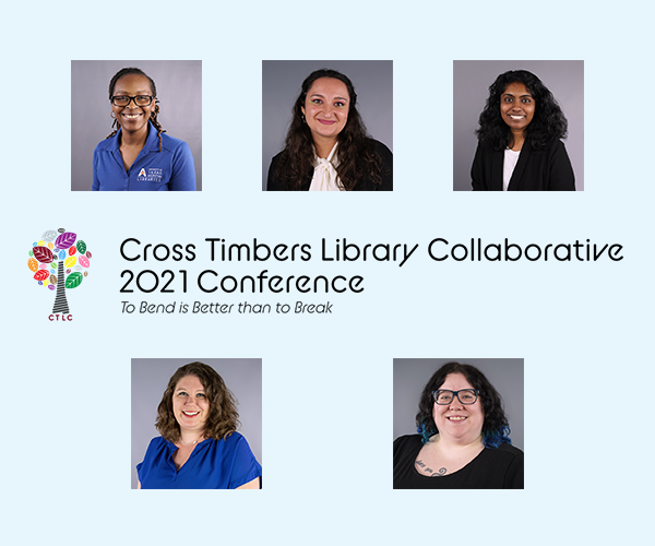 five employee headshots arranged with three on top and two on bottom with the cross timbers library collaborative 2021 conference logo between the rows of photos
