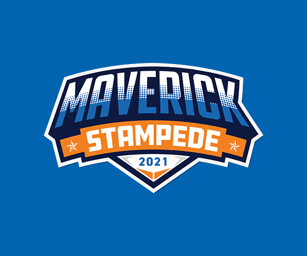 the maverick stampede 2021 logo on a blue background