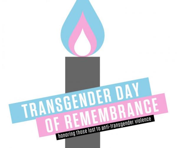Candle with flame the colors of the Trans Pride Flag and text reading, "Transgender Day of Remembrance: honoring those lost to anti-transgender violence"