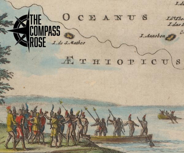 Artwork from a map depicting European and African men engaging in conflict, with Compass Rose logo