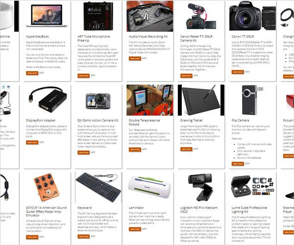 screenshot of various technology items available for checkout