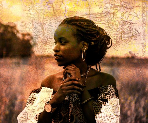 An original digital art piece by Jeremiah Alcorn titled "Looking Forward" with an African woman standing in a field centered in the foreground, with a historical African map superimposed as the background