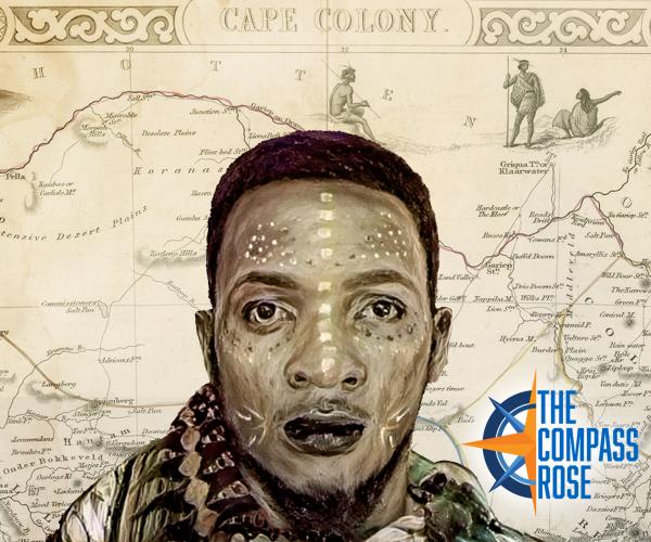 A digital art piece with an African man centered in the foreground, with a historical African map superimposed as the background, and a logo superimposed that reads "The Compass Rose"