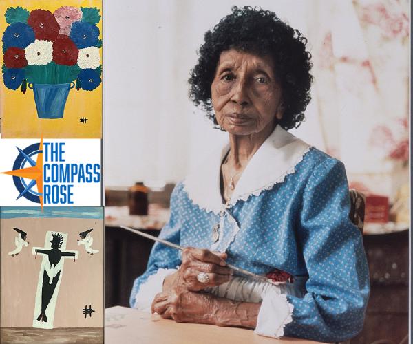 An African American woman holding a paintbrush, along with two oil paintings and a logo that reads "The Compass Rose"