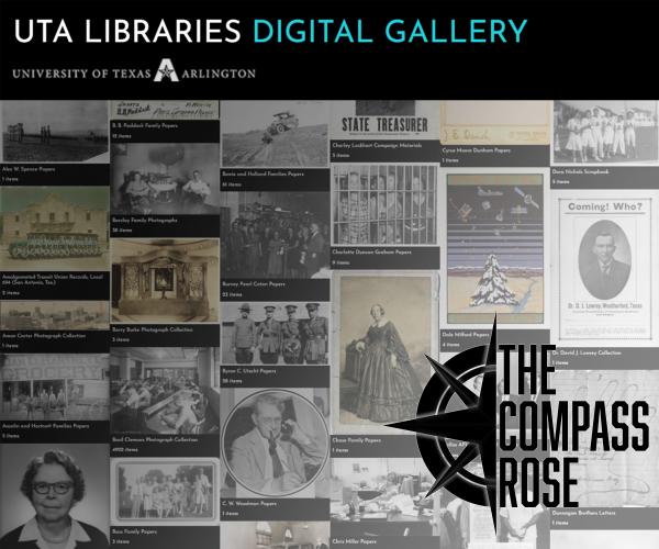 Screen capture of the UTA Libraries Digital Gallery with a black "The Compass Rose" logo superimposed over the image at the bottom right corner. There is a slight gradient across the screen capture image.