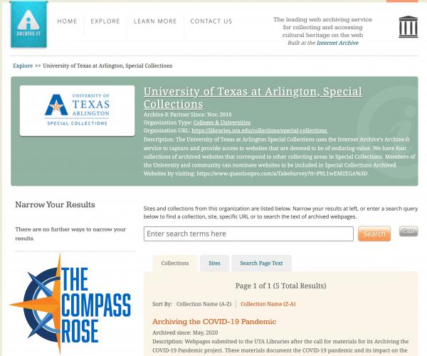 Screen capture of Archive-It home page for UTA Special Collections with the Compass Rose logo on the bottom left-hand corner