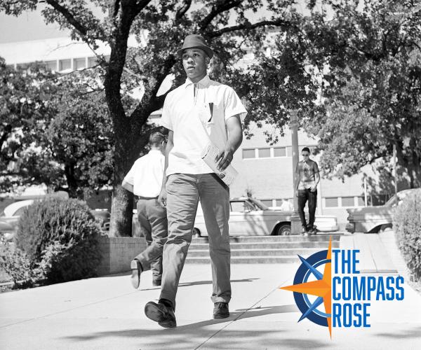 Tommy Chambers walks on Arlington State College's campus to register for classes in Fall 1962.