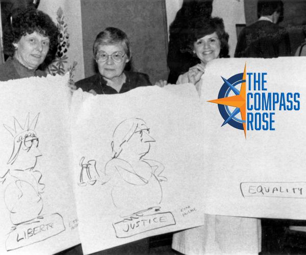 Black and white photo of three women with the orange and blue "The Compass Rose" logo towards the upper right corner.