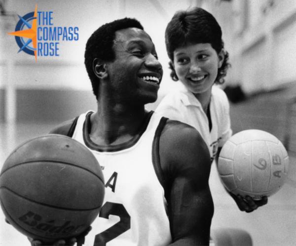 Black and white photo of two UTA student athletes; at left a wheelchair user holding a basketball and at right a volleyball player holding a volleyball. The orange and blue "The Compass Rose" logo is seen at upper left.