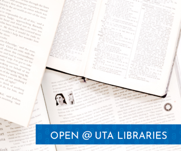books laid out with Open@UTA Libraries logo