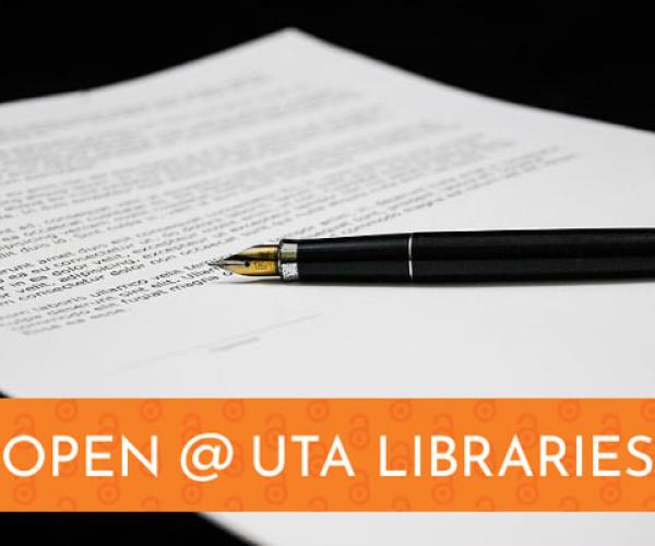 Document with pen and text banner for Open @ UTA Libraries