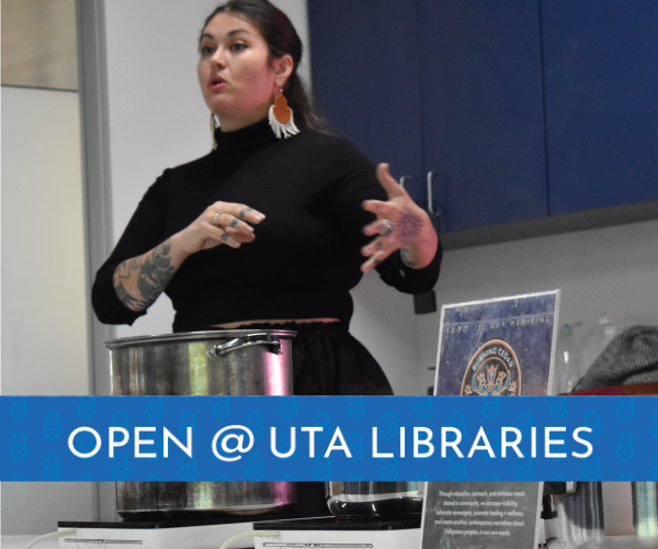 Nico Albert Williams cooking in Maverick Kitchen with Open @ UTA Libraries Banner