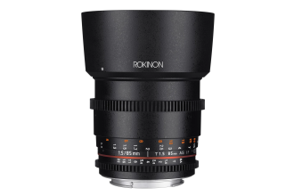 "Image of a Rokinon Cinema lens, showcasing a sleek metallic barrel with focus and aperture rings. This specialized lens is designed for cinematic applications, offering precise manual control over focus and aperture settings. It is commonly used by filmmakers and videographers for its exceptional optical performance and cinematic image quality."